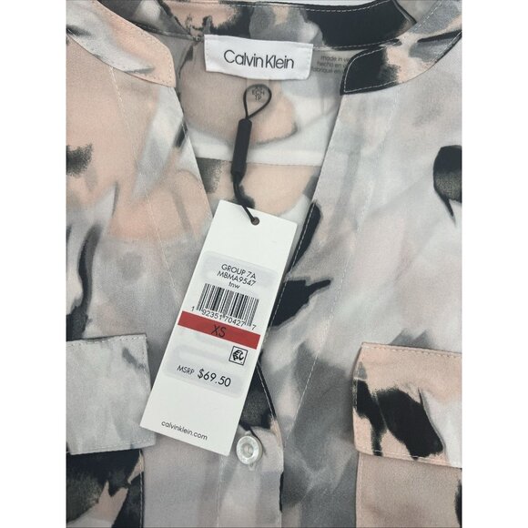 NEW Calvin CK Floral Crepe Chine Split V-Neck Roll-Tab Sleeve Blouse NWT XS CK - Picture 9 of 12